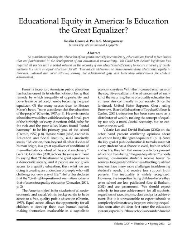 (PDF) Educational Equity in America: Is Education the Great Equalizer?