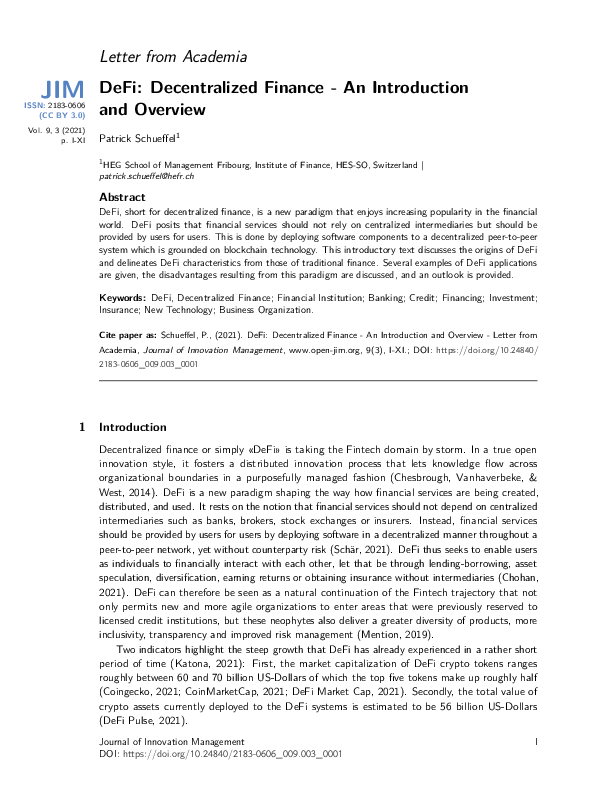 (PDF) DeFi: Decentralized Finance - An Introduction and Overview