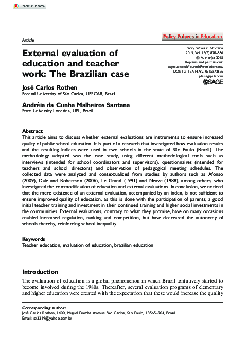 (PDF) External evaluation of education and teacher work: The Brazilian case