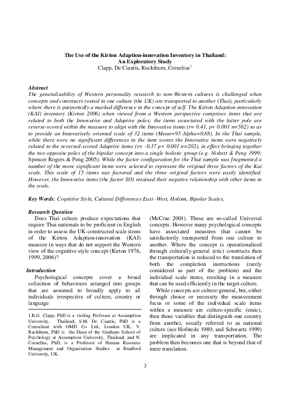 (PDF) The Use of the Kirton Adaptioninnovation Inventory in Thailand