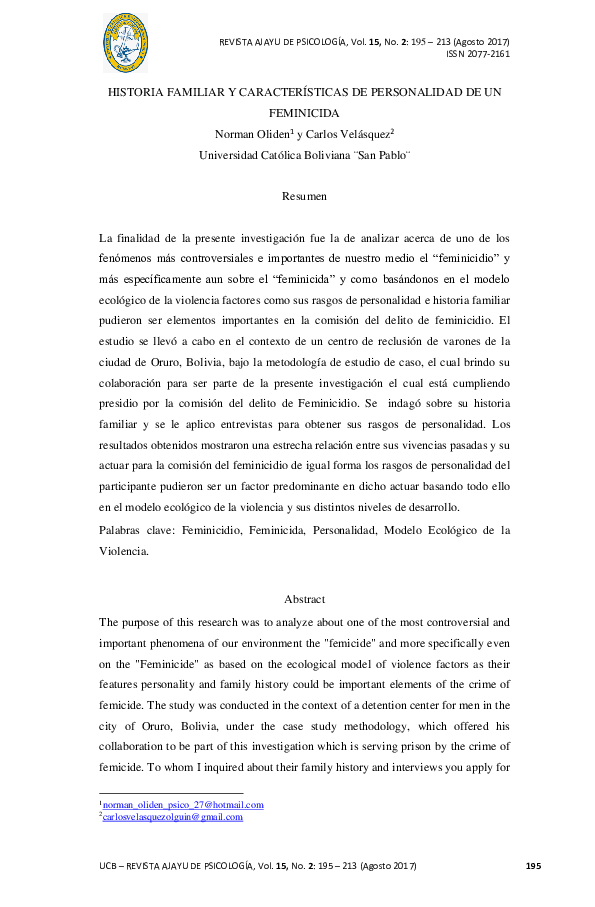 (PDF) Historia Familiar y Características De Personalidad De Un Feminicida Norman Oliden (PDF) Historia Familiar y Características De Personalidad De Un Feminicida Norman Oliden