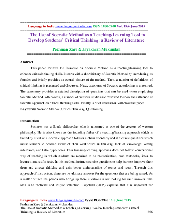 (PDF) The Use of Socratic Method as a Teaching/Learning Tool to Develop ...