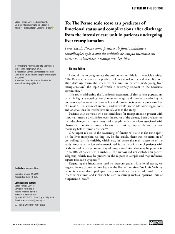 (PDF) To: The Perme scale score as a predictor of functional status and ...