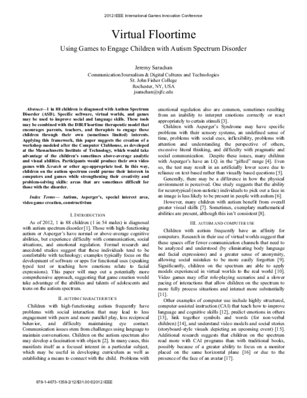 (PDF) Virtual floortime using games to engage children with Autism