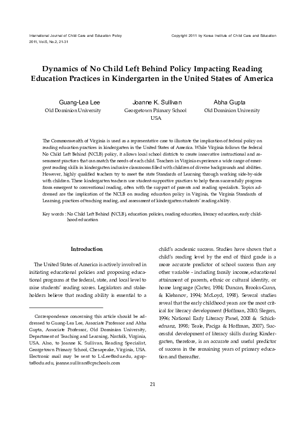 (PDF) Dynamics of No Child Left Behind Policy Impacting Reading ...