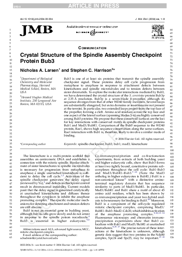 (PDF) Crystal Structure of the Spindle Assembly Checkpoint Protein Bub3