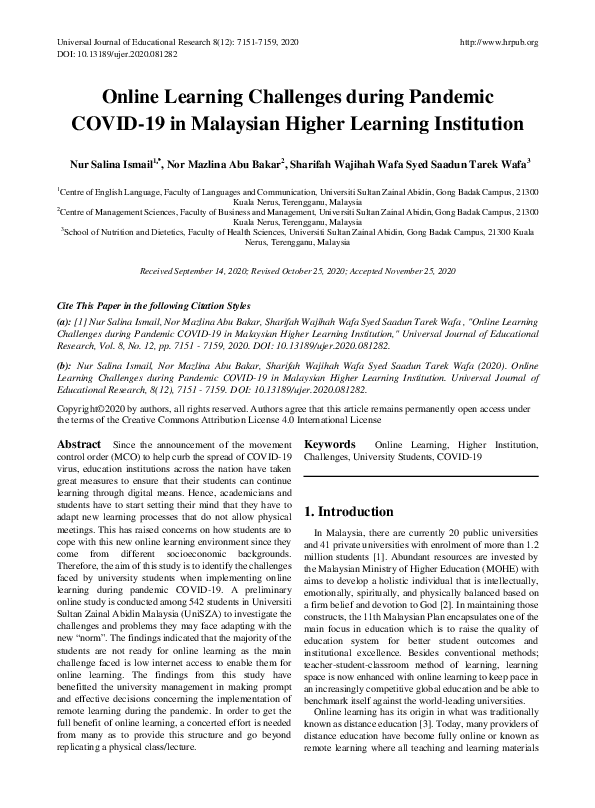(PDF) Online Learning Challenges during Pandemic COVID-19 in Malaysian ...