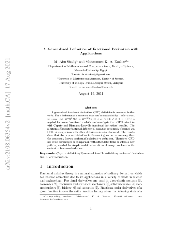 (PDF) A Generalized Definition of Fractional Derivative with Applications