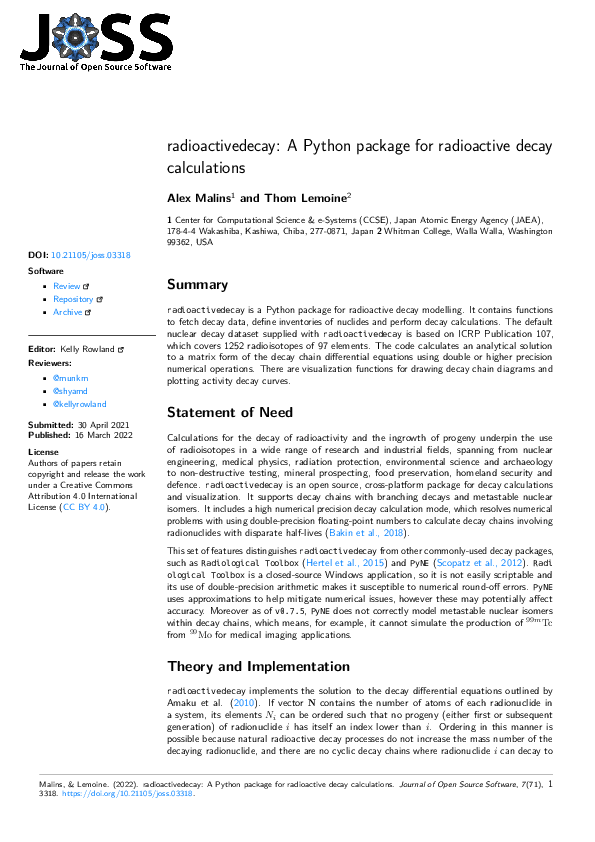 (PDF) radioactivedecay: A Python package for radioactive decay calculations