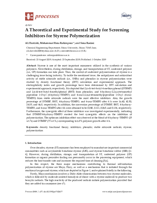 (PDF) A Theoretical and Experimental Study for Screening Inhibitors for Styrene Polymerization