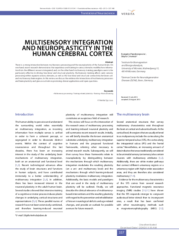 Pdf Multisensory Integration And Neuroplasticity In The Human