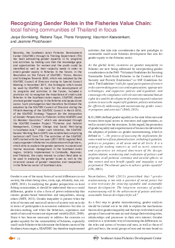 (PDF) Recognizing gender roles in the fisheries value chain: Local ...