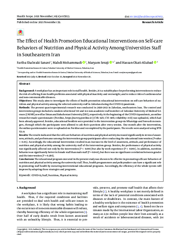 (PDF) The Effect of Health Promotion Educational Interventions on Self ...
