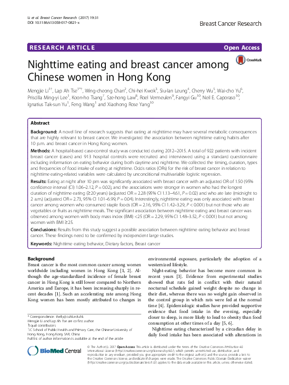 (PDF) Nighttime eating and breast cancer among Chinese women in Hong Kong