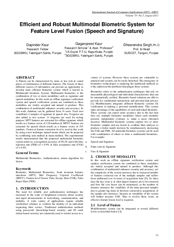 (PDF) Efficient and Robust Multimodal Biometric System for Feature ...