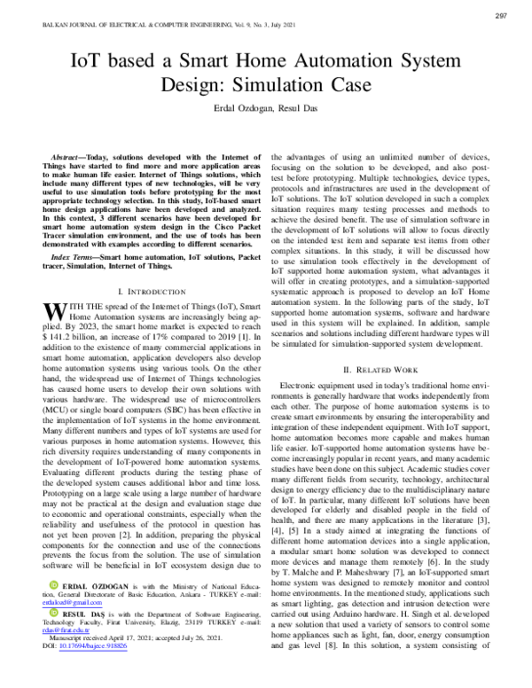 (PDF) IoT based a Smart Home Automation System Design: Simulation Case