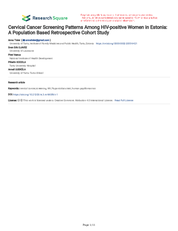 (PDF) Cervical Cancer Screening Patterns Among HIV-positive Women in ...