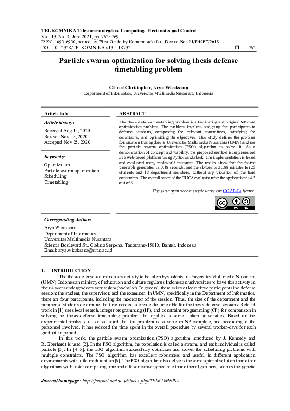 (PDF) Particle swarm optimization for solving thesis defense ...