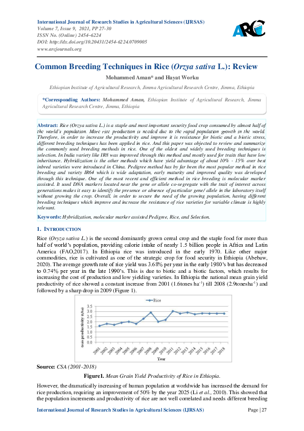(PDF) Common Breeding Techniques in Rice (Orzya sativa L.): Review