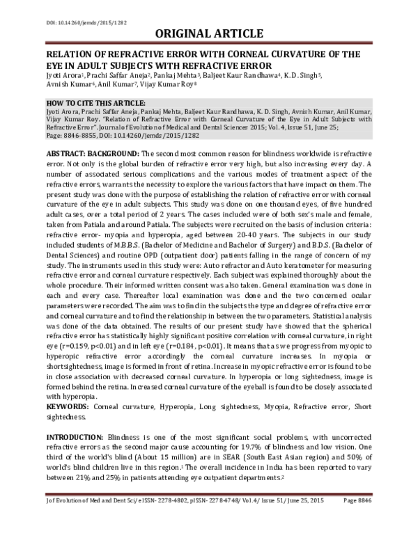 (PDF) Relation of Refractive Error With Corneal Curvature of the Eye in ...