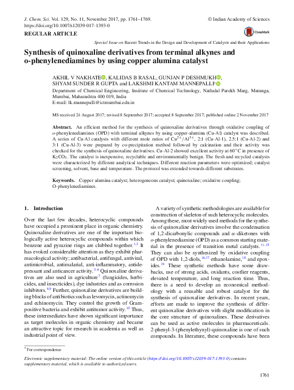 (PDF) Synthesis of quinoxaline derivatives from terminal alkynes and o ...