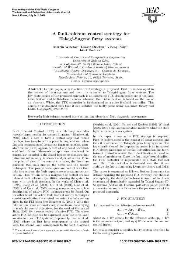 (PDF) A Fault-Tolerant Control Strategy for Takagi-Sugeno Fuzzy Systems
