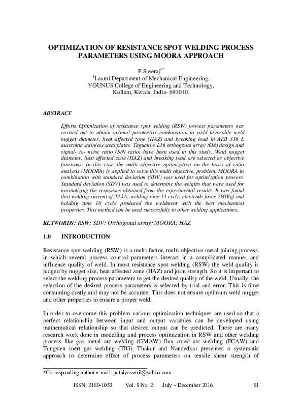 (PDF) Optimization of Resistance Spot Welding Process Parameters Using ...