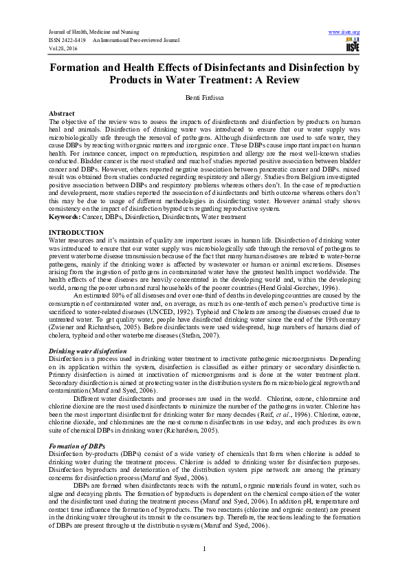 (PDF) Formation and Health Effects of Disinfectants and Disinfection by