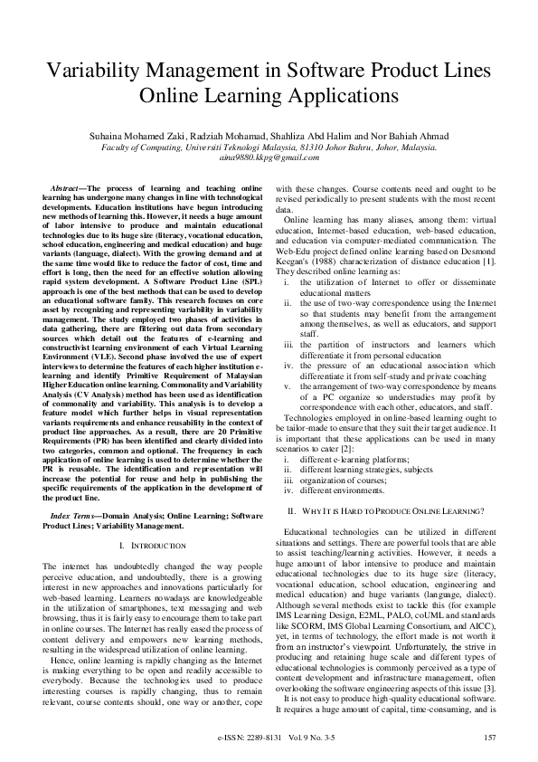 (PDF) Variability Management in Software Product Lines Online Learning ...
