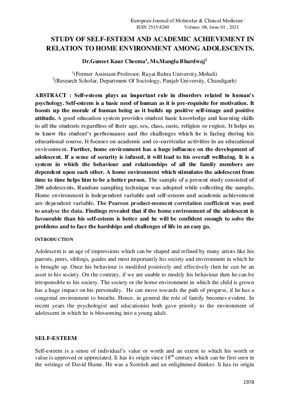 (PDF) Study of Self-Esteem and Academic Achievement in Relation to Home ...