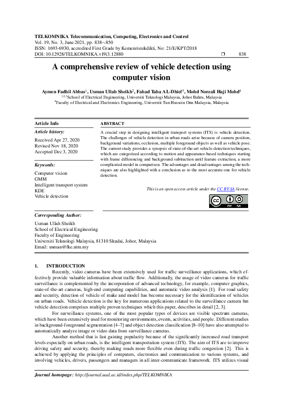 (PDF) A comprehensive review of vehicle detection using computer vision