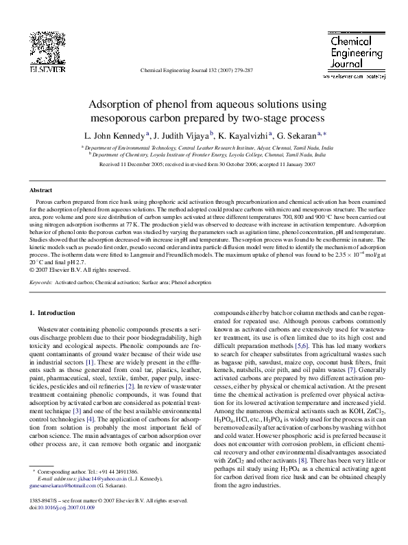 (PDF) Adsorption of phenol from aqueous solutions using mesoporous ...
