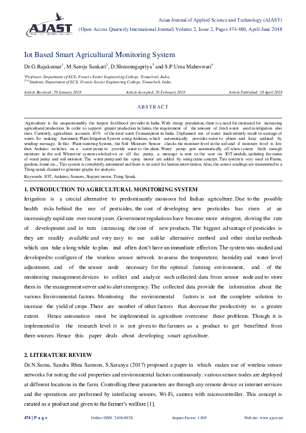(PDF) Iot Based Smart Agricultural Monitoring System