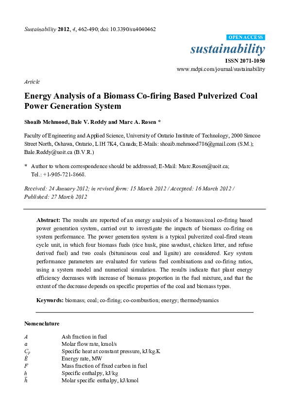 (PDF) Article Energy Analysis of a Biomass Co-firing Based Pulverized Coal