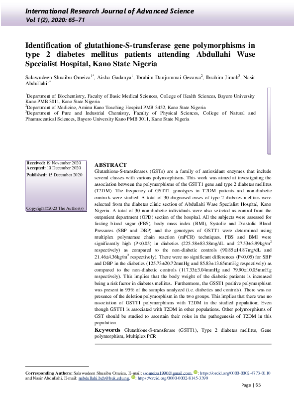 PDF) Identification of glutathione-S-transferase gene polymorphisms in type  2 diabetes mellitus patients attending Abdullahi Wase Specialist Hospital,  Kano State Nigeria
