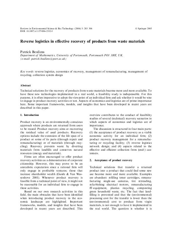 (PDF) Reverse logistics in effective recovery of products from waste ...