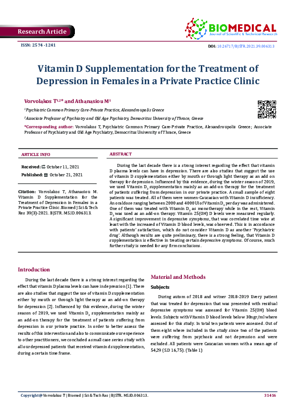 (PDF) Vitamin D Supplementation for the Treatment of Depression in ...