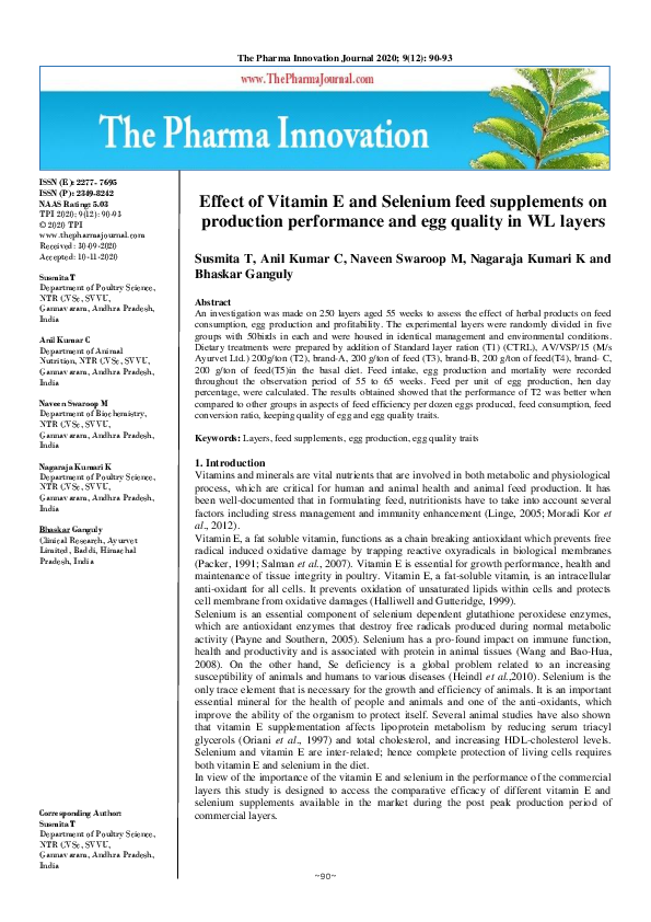 (PDF) Effect of Vitamin E and Selenium feed supplements on production ...