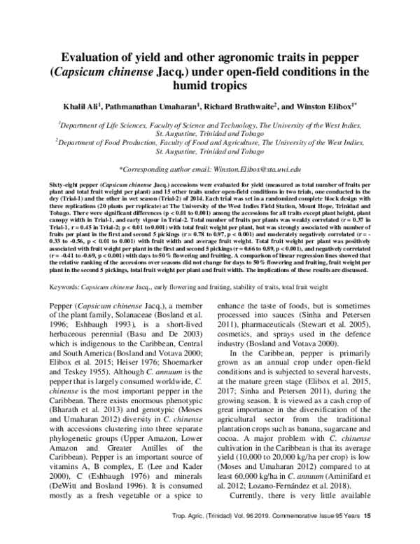 (PDF) Evaluation of yield and other agronomic traits in pepper ...