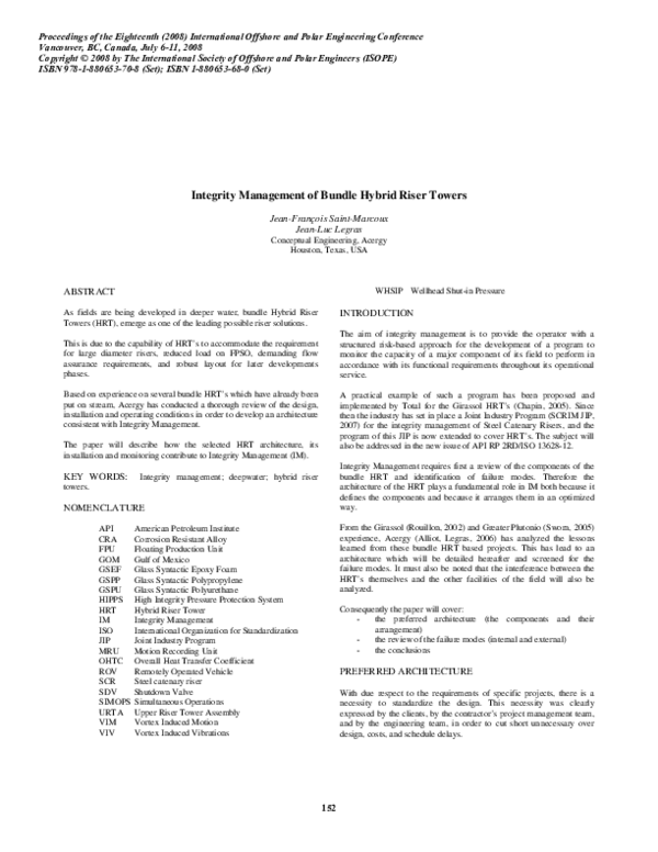 (PDF) Integrity Management of Bundle Hybrid Riser Towers