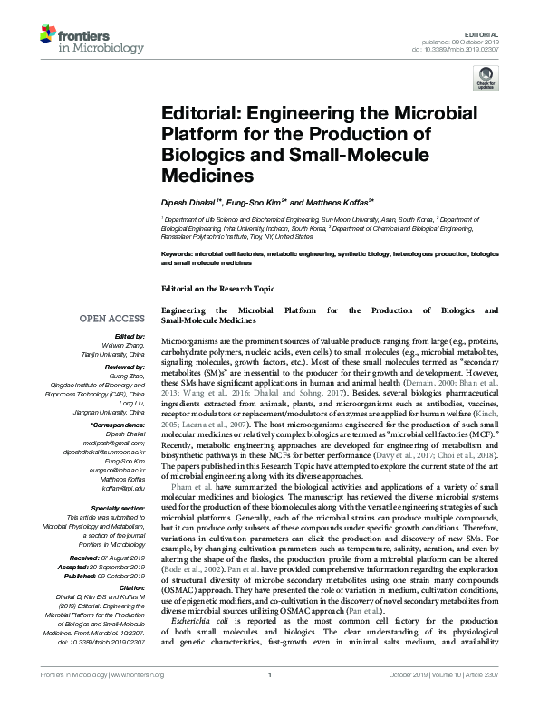 (PDF) Editorial: Engineering the Microbial Platform for the Production ...