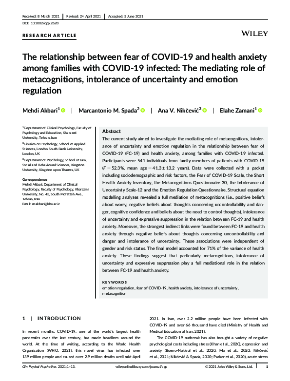 (PDF) The relationship between fear of COVID‐19 and health anxiety ...