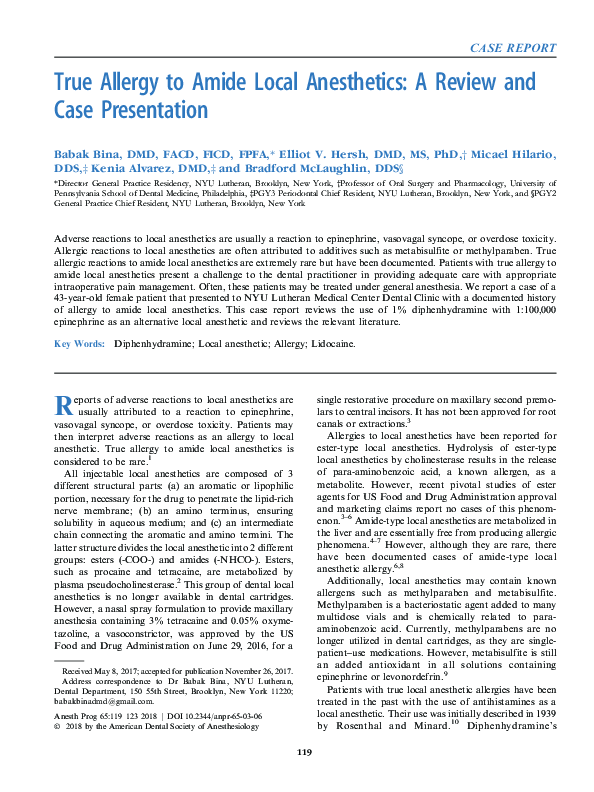 (PDF) True Allergy to Amide Local Anesthetics A Review and Case