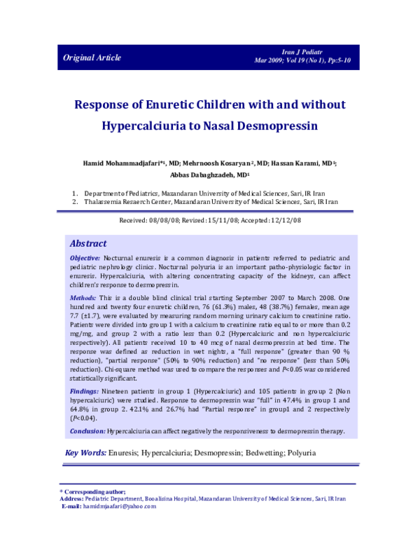 (PDF) Response of Enuretic Children with and without Hypercalciuria to ...