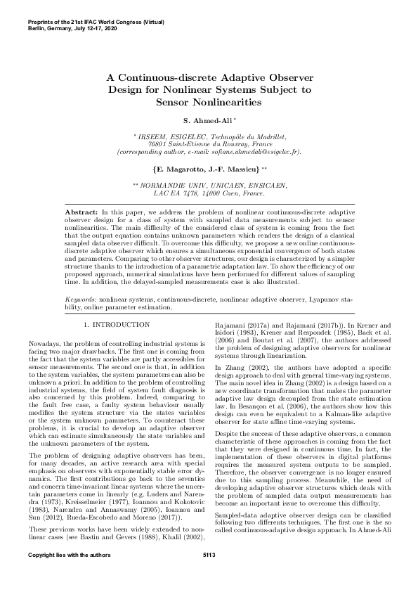 (PDF) A Continuous-discrete Adaptive Observer Design for Nonlinear ...