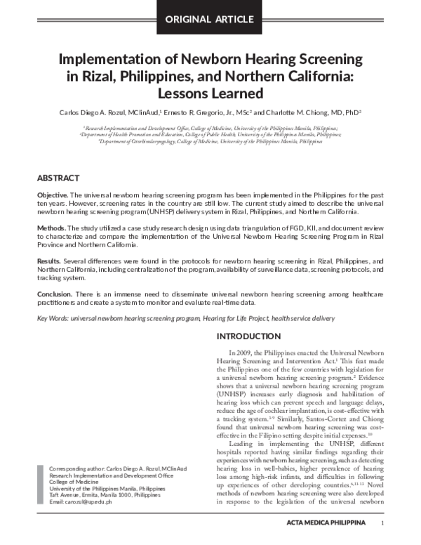 (PDF) Implementation of Newborn Hearing Screening in Rizal, Philippines ...