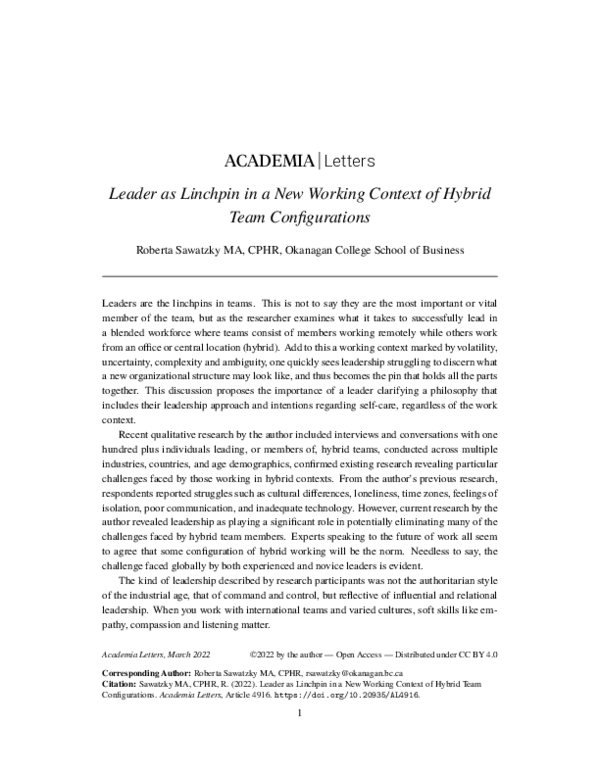 (PDF) Leader as Linchpin in a New Working Context of Hybrid Team ...