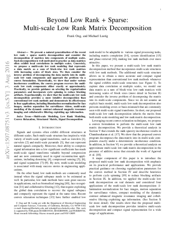 (PDF) Beyond low rank + sparse: Multi-scale low rank matrix decomposition