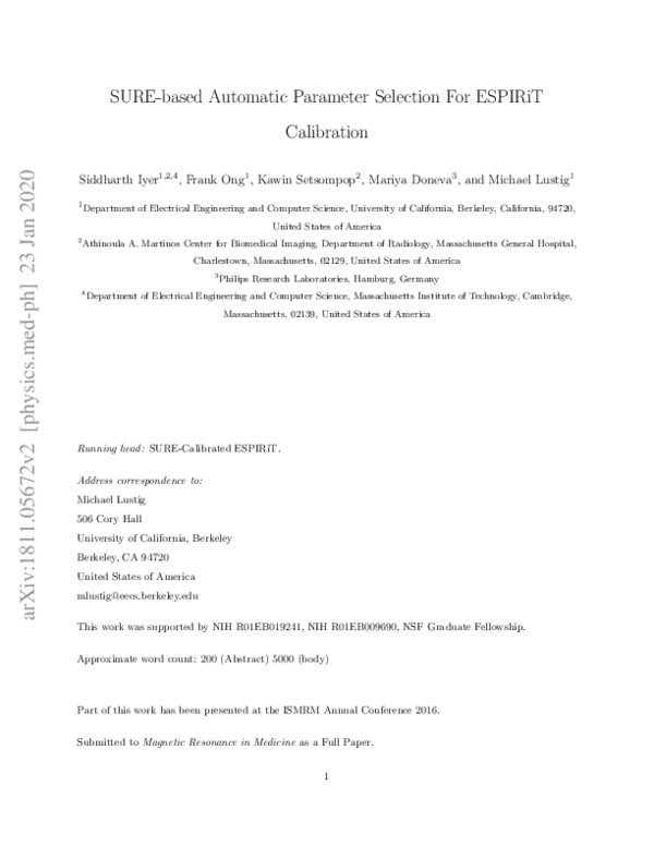 (PDF) SURE‐based automatic parameter selection for ESPIRiT calibration