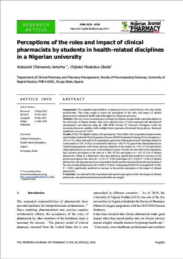 (PDF) Perceptions of the roles and impact of clinical pharmacists by ...